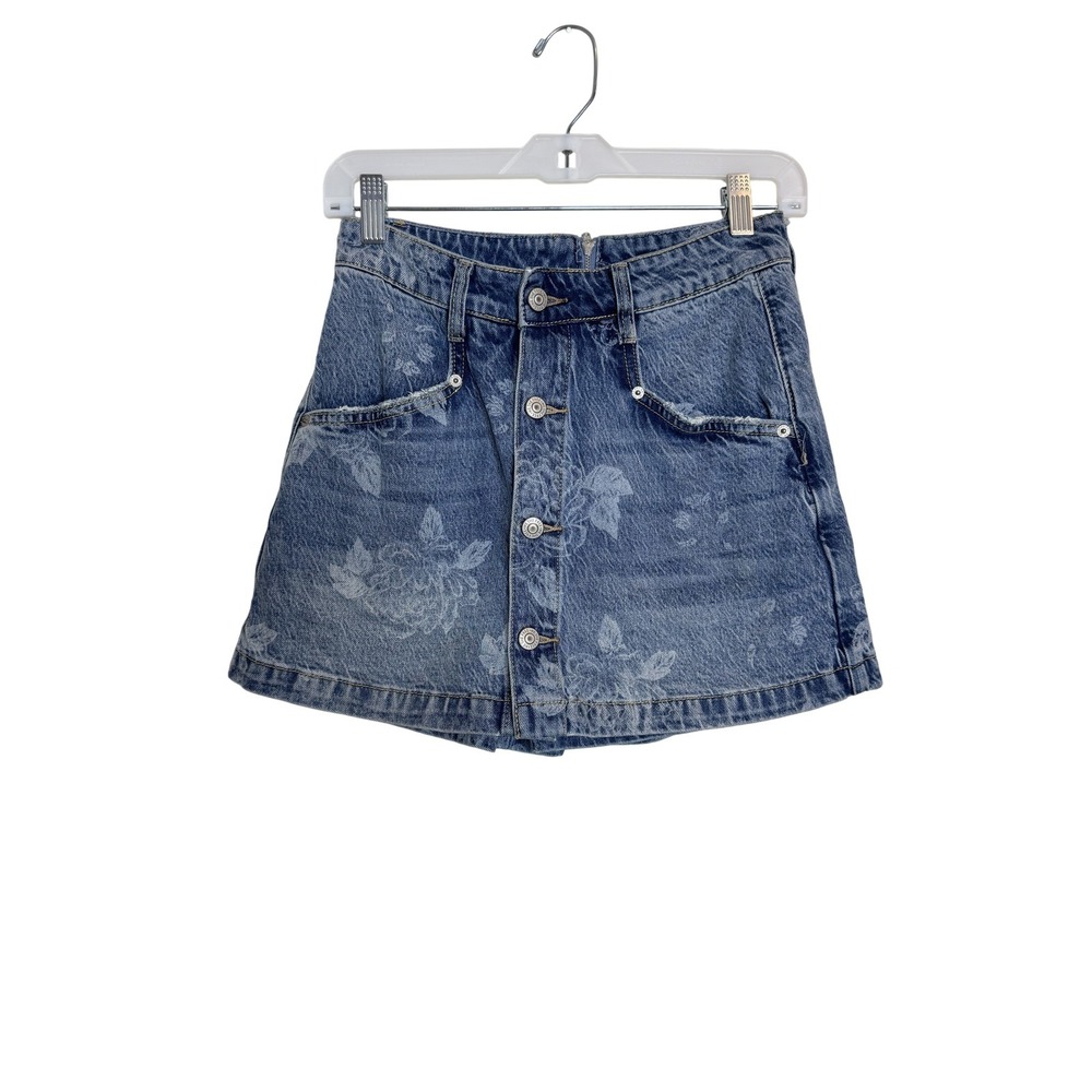 Free People Skirt Womens 0 Button Front Floral Denim Mini Pockets A-Line Boho